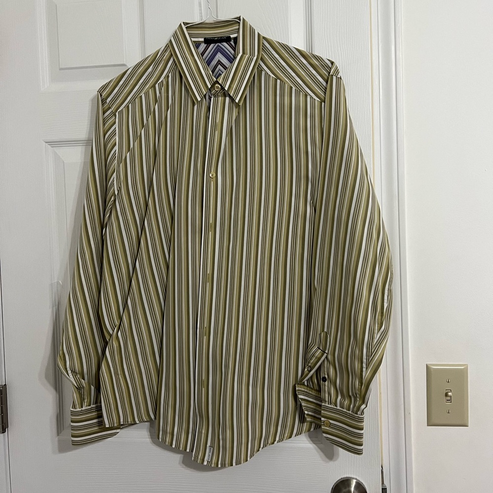 DKNY jeans button down dress shirt tan and cream strip long sleeve XL